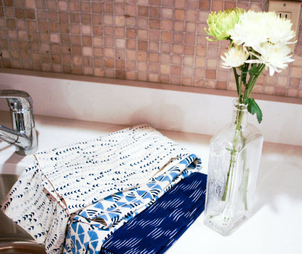 Blue + White Leaf Vine Cotton Blockprinted Tea Towel